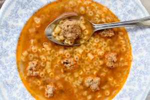 Brodo di carne (beef soup) with polpettine (small meatballs) and Anelli pasta