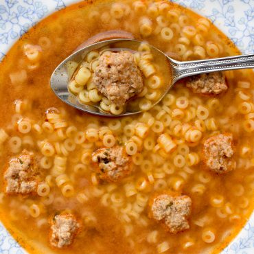 Brodo di carne (beef soup) with polpettine (small meatballs) and Anelli pasta