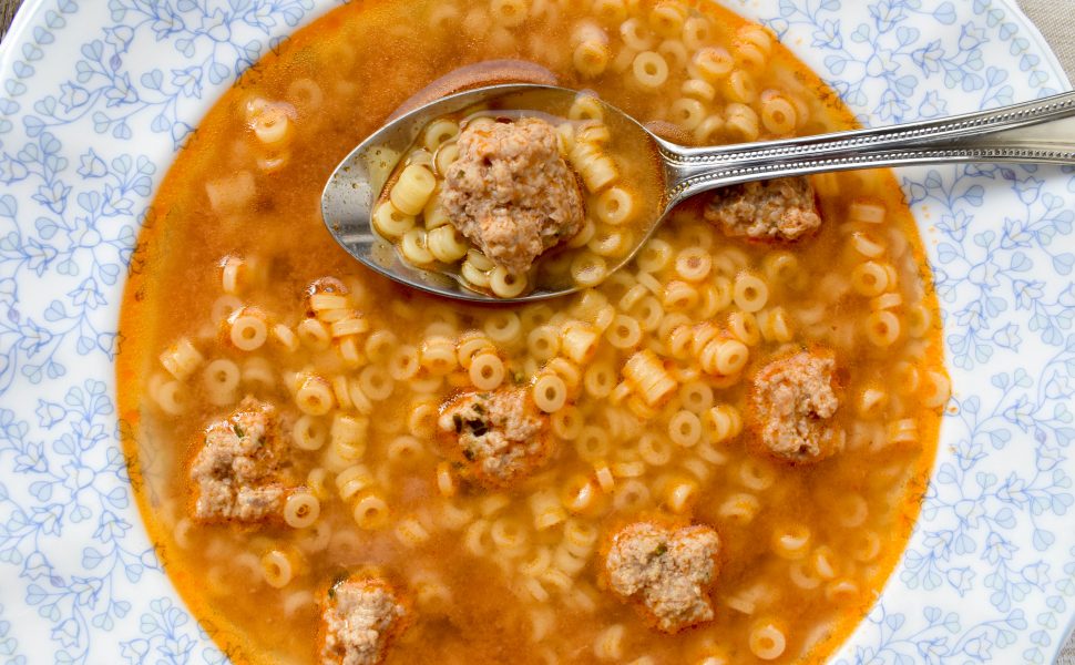 Brodo di carne (beef soup) with polpettine (small meatballs) and Anelli pasta