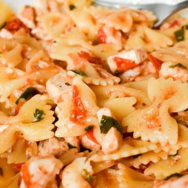 Farfalle pasta with sword fish and baby prawns (shrimp)