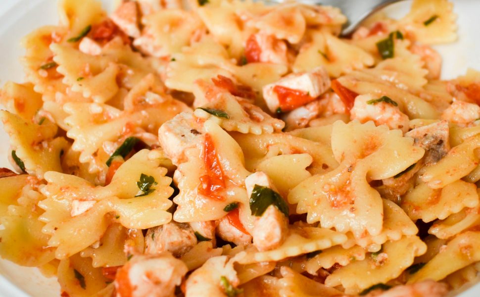 Farfalle pasta with sword fish and baby prawns (shrimp)