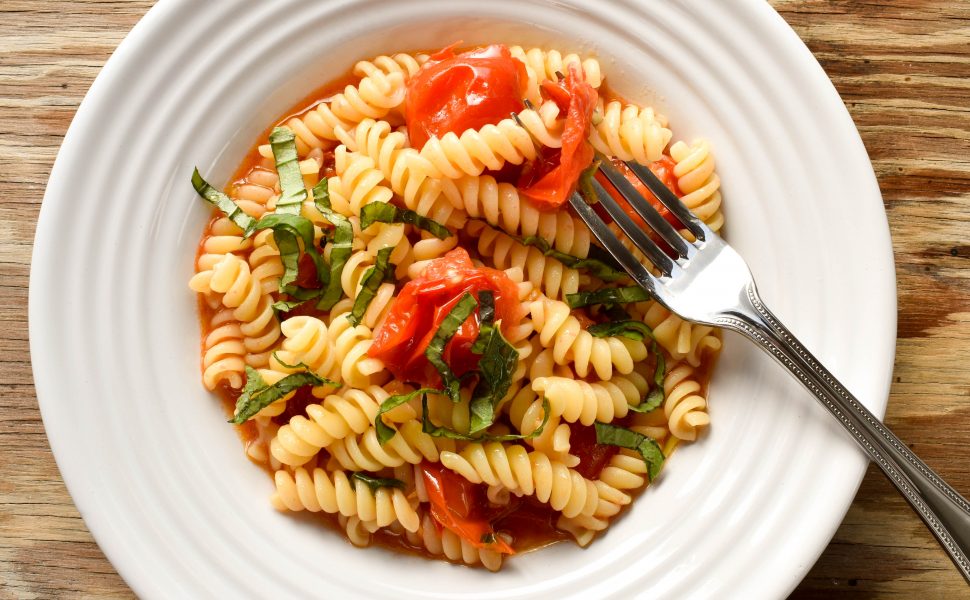 Fusilli pasta ‘con pomodorini e basilico’ (with cherry tomatoes and basil)