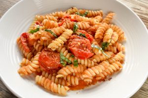 Fusilli pasta 'con pomodorini e pangrattato' (with cherry tomatoes and toasted breadcrumbs)