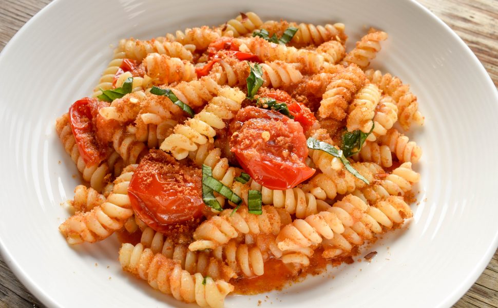 Fusilli pasta ‘con pomodorini e pangrattato (with cherry tomatoes and toasted breadcrumbs)