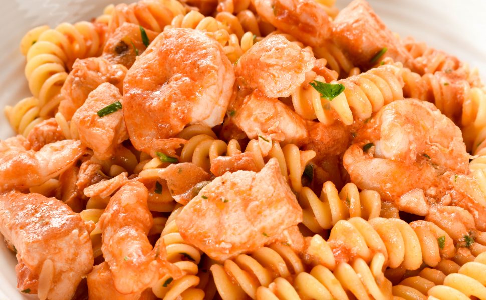 Fusilli pasta with salmon and baby prawns (shrimp)