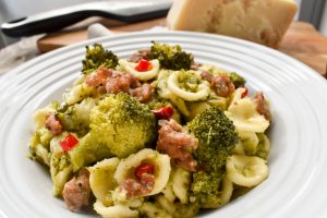 Orecchiette pasta with broccoli, Italian pork sausage and chilli