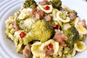 Orecchiette pasta with broccoli, Italian pork sausage and chilli