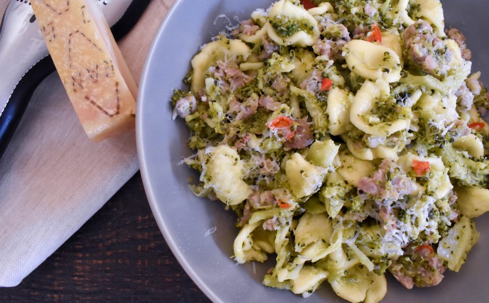 Orecchiette pasta with broccoli, Italian pork sausage and chilli