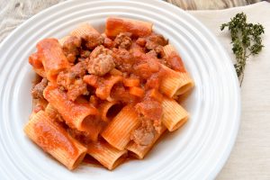 Rigatoni pasta with Italian sausage ragù
