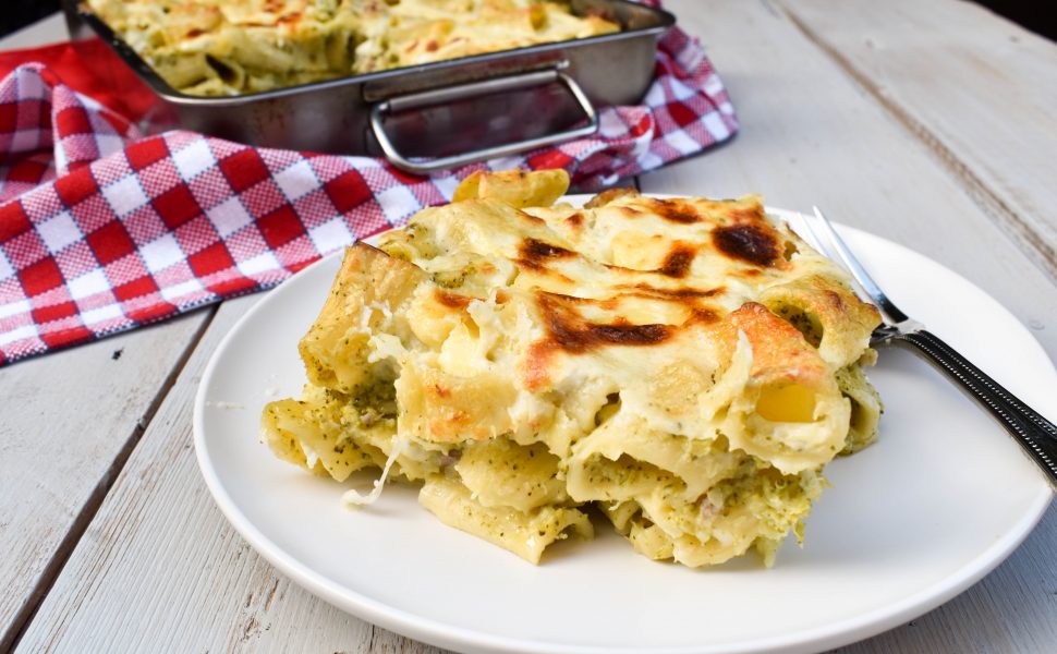 Creamy broccoli and pork sausage pasta al forno (pasta bake)