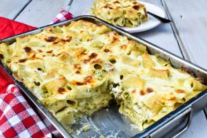 Creamy broccoli and pork sausage pasta al forno (pasta bake)