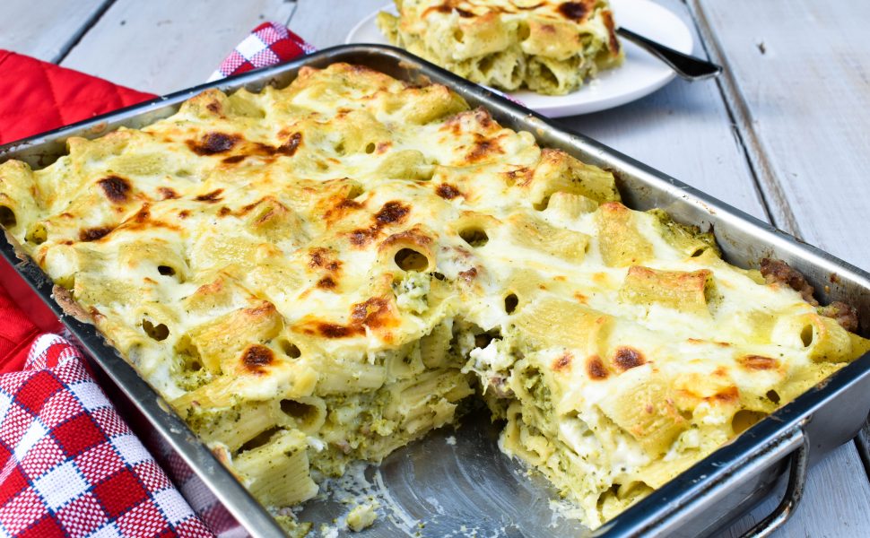 Creamy broccoli and pork sausage pasta al forno (pasta bake)