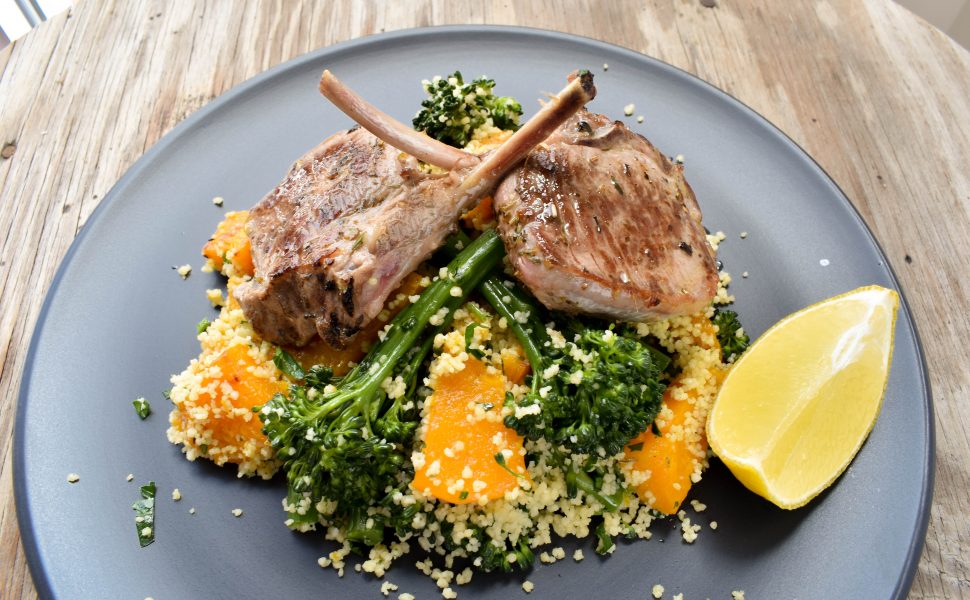 Lamb scottadito with roasted pumpkin and broccolini couscous