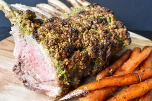Pistachio-crusted lamb racks with balsamic roasted carrots