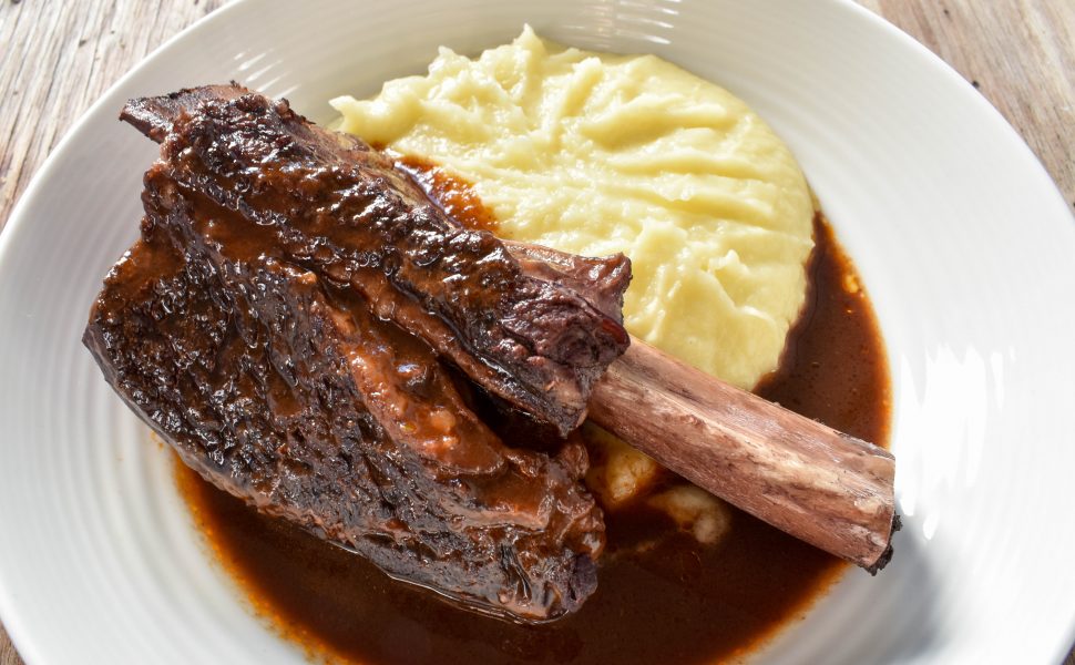 Slow cooked beef short ribs in red wine sauce