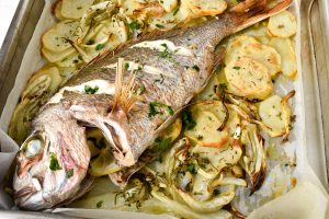 Orata al forno (oven baked snapper/sea bream) with potato and fennel
