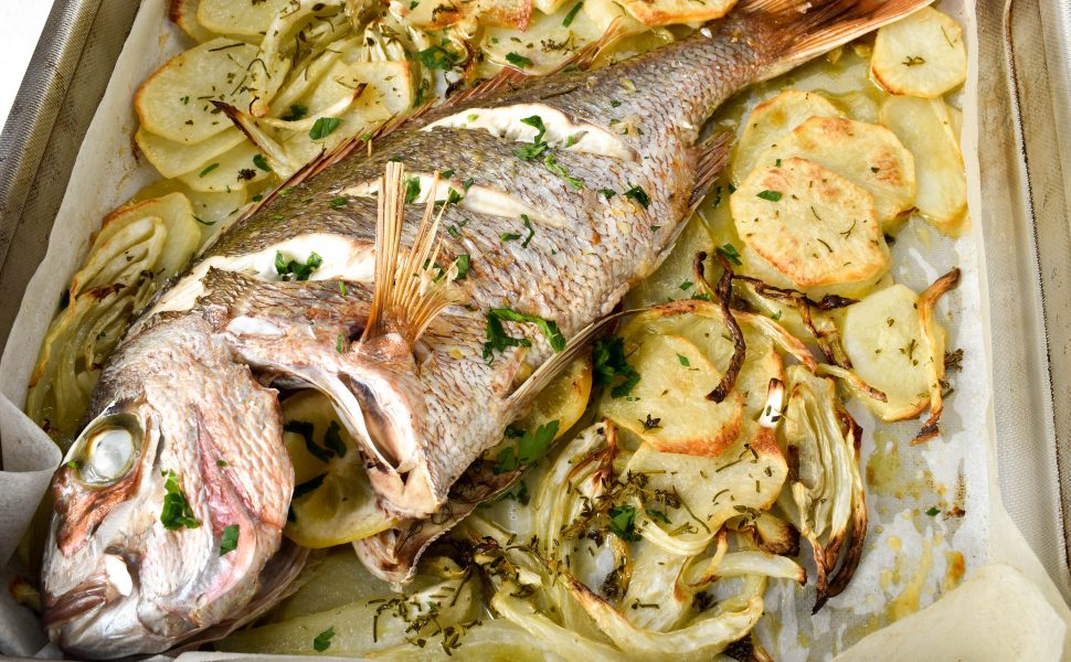 Orata al forno (oven baked snapper/sea bream) with potato and fennel