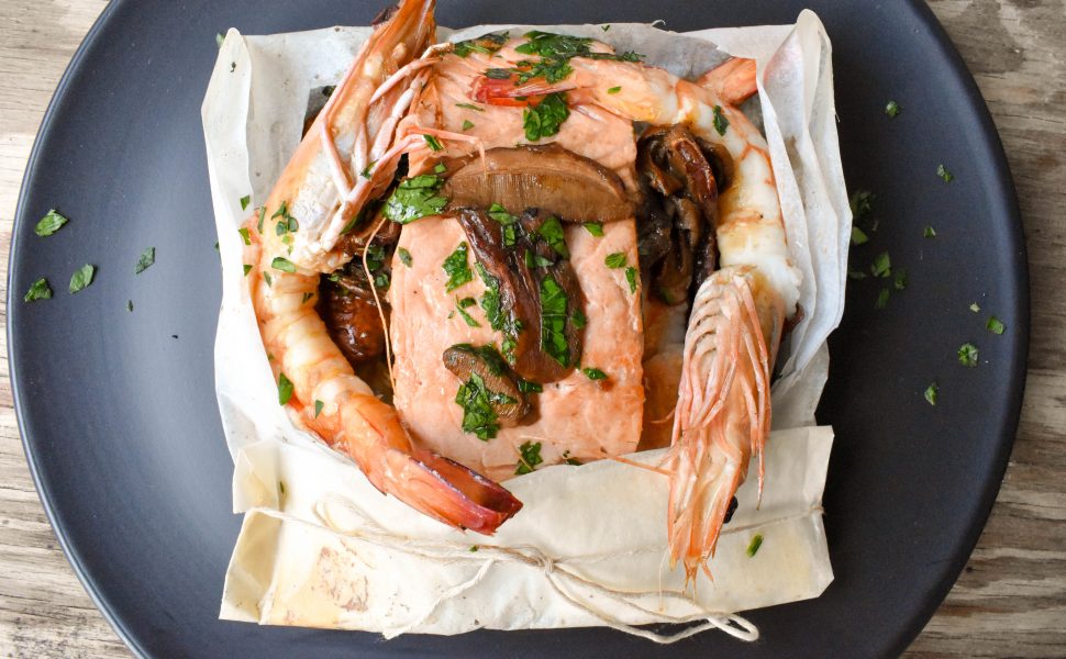 Salmon and prawns ‘al cartoccio’ (in paper parcel)