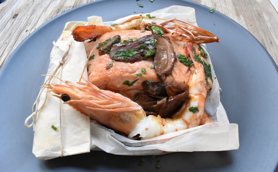 Salmon and prawns ‘al cartoccio’ (in paper parcel)