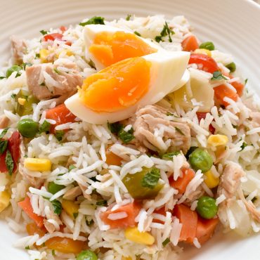 Insalata di riso (rice salad) with tuna, eggs and Italian Giardiniera (vegetables soaked in vinegar)
