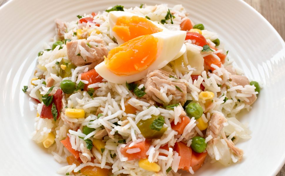 Insalata di riso (rice salad) with tuna, eggs and Italian Giardiniera (vegetables soaked in vinegar)