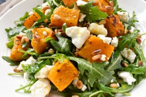 Pumpkin (squash), goat’s cheese, pine nut and rocket salad