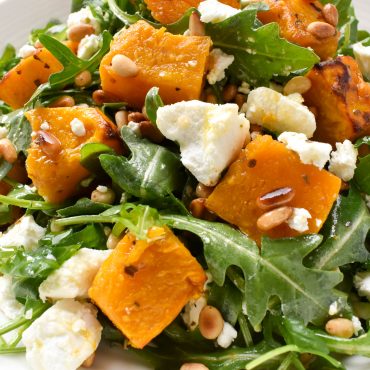 Pumpkin (squash), goat’s cheese, pine nut and rocket salad