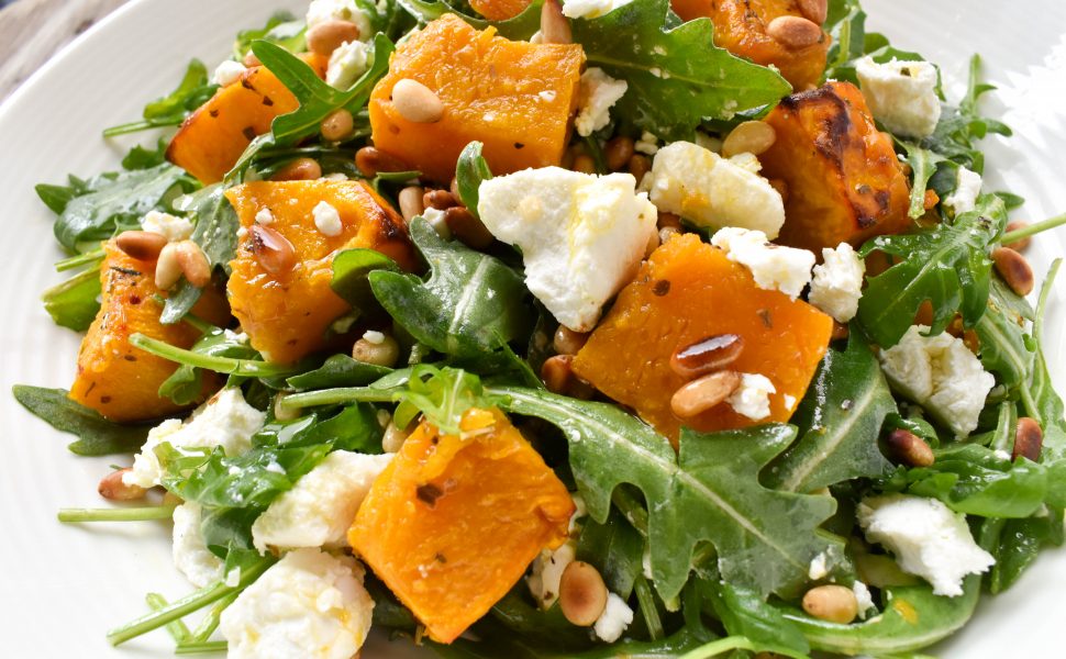 Pumpkin (squash), goat’s cheese, pine nut and rocket salad