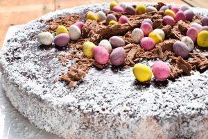 Easter 'torta di cocco' (coconut cake) with chocolate ganache topping