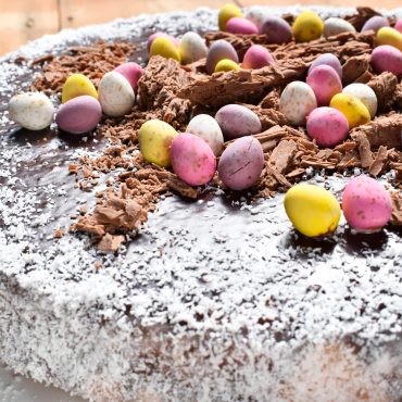 Coconut cake with chocolate ganache topping