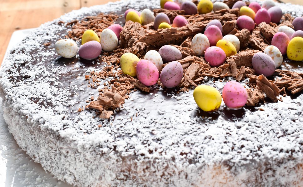 Coconut cake with chocolate ganache topping