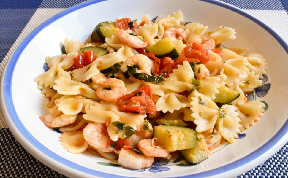 Farfalle pasta with zucchini and gamberetti (shrimp)