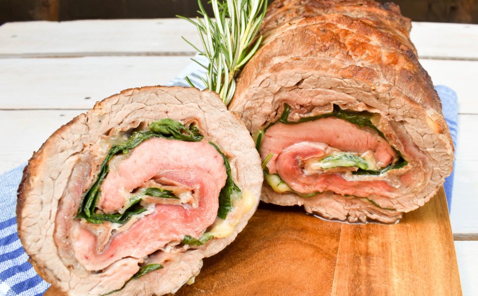 Rolled Beef Roast filled with prosciutto, mozzarella and spinach.