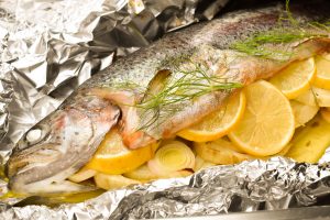 Baked rainbow trout with fennel, lemon and capers