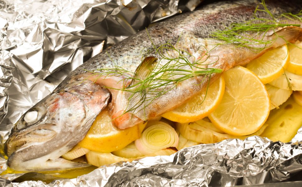 Baked rainbow trout with fennel, lemon and capers