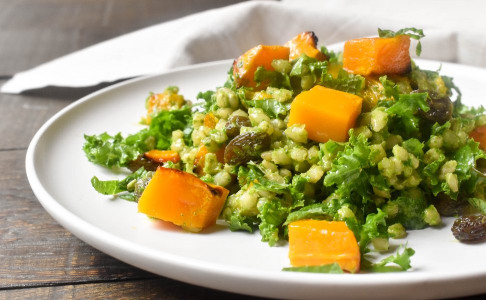 Roasted pumpkin, kale and barley salad