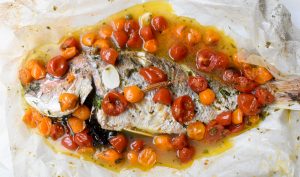 Baked snapper in acqua pazza