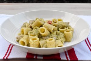 Broccoli cream pasta with pork sausage