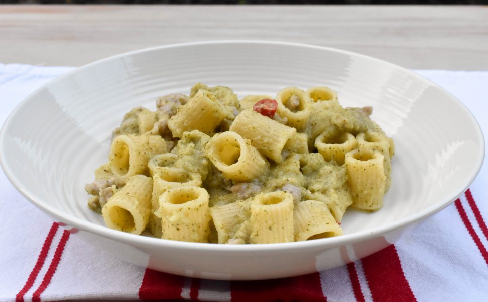 Broccoli cream pasta with pork sausage