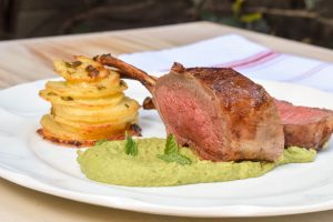 6. Roasted Lamb rack with minty pea puree and stacked potatoes
